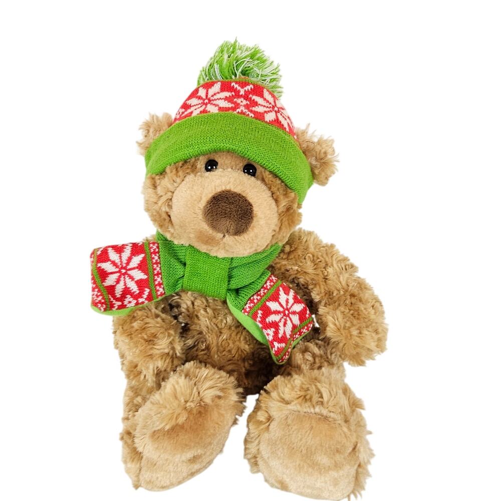 Christmas Plush Teddy Bear Stuffed Animal w Hat Scarf 16" Brown Holiday Toy